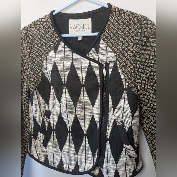 RACHEL ROY Women Blazer Size 4 Beige And Black Side Zipper Geometric Pattern - Picture 3 of 13
